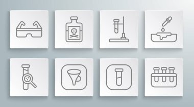 Set line Test tube and flask, Poison in bottle, Funnel or filter, fire, Petri dish with pipette and Safety goggle glasses icon. Vector
