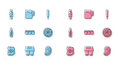 Sıra Sandviç, kahve fincanı, Candy, biftek, suşi, pizza, Hotdog sandviçi ve tahta bira bardağı ikonu. Vektör