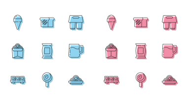 Suşi, lolipop, dondurma külahı, Asya erişte kasesi, patates cipsi, tahta bira bardağı, erişte kutusu ve ekmek tostu. Vektör