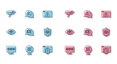 Set line Password protection, Security camera, Browser with shield, System bug, Incognito mode, Eye scan and Exclamation mark in triangle icon. Vector