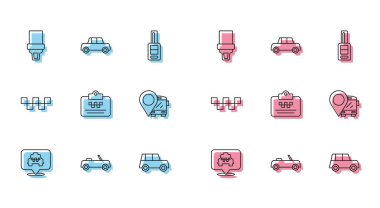 Taksi, araba, emniyet kemeri, taksi ehliyeti, otobüs, araba çatısı ve ikon ile hatları ayarlayın. Vektör