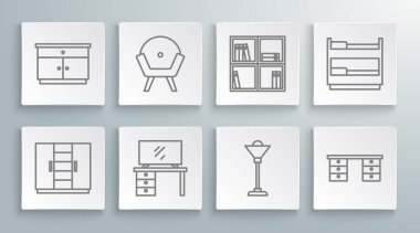 Gardırop, Kol Koltuğu, TV masası, yer lambası, ofis masası, kitaplı raf, yatak ve mobilya komodininin ikonu. Vektör