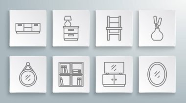 Ayna, mobilya sehpası, lamba, raf kitapları, televizyon masası, sandalye, vazo ve ikon. Vektör