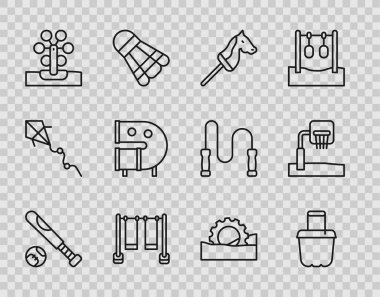 Set line Baseball bat with ball, Sand in bucket, Toy horse, Double swing, Ferris wheel, Kid playground slide pipe, and Basketball backboard icon. Vector