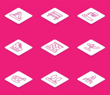 Set line Kid slide, Bench, Basketball backboard, Roller skate, Climbing wall, Swing plane, Horse saddle swing and Forest icon. Vector