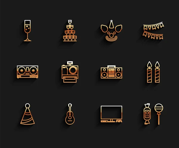 Set line Party hat, Guitar, Glass of champagne, Video game console, Lollipop, Photo camera, Birthday cake candles and Home stereo with two speakers icon. Vector — Stockvektor