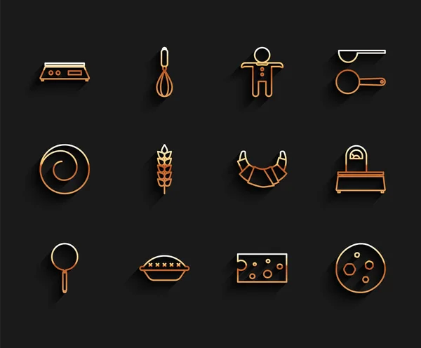 Set line Frying pan, Homemade pie, Electronic scales, Cheese, Cookie or biscuit with chocolate, Cereals rice, wheat, corn, oats, rye, Scales and Croissant icon. Vector — стоковый вектор