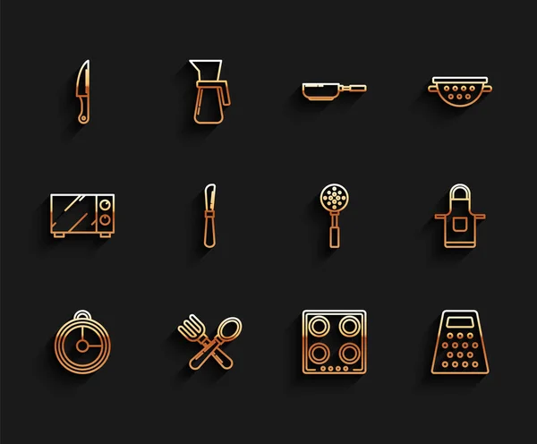 Set line Kitchen timer, Crossed fork and spoon, Knife, Gas stove, Grater, apron and Spatula icon. Vector — Image vectorielle