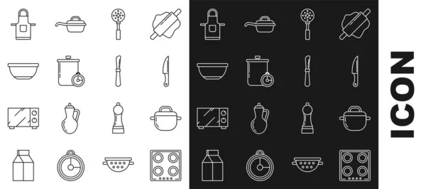 Set line Gas stove, Cooking pot, Knife, Spatula, and kitchen timer, Bowl, Kitchen apron and icon. Vector — Stockvektor
