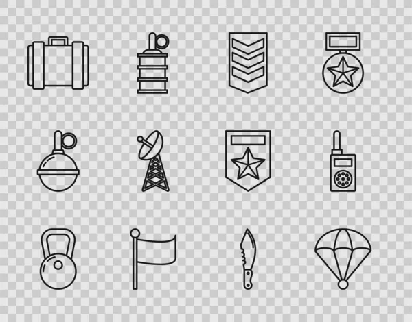 Set line Kettlebell, Parachute, Military rank, Flag, ammunition box, Radar, knife and Walkie talkie icon. Vector — Stockvektor