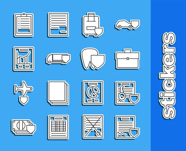 Set line Contract with shield, Document key, Briefcase, Traveling baggage insurance, Delivery cargo truck, graph chart, Clipboard checklist and Tooth icon. Vector - Stok Vektor