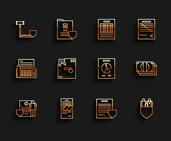 Set line Medical clipboard with clinical record, Torn contract, Judge gavel shield, Contract, Family insurance, Ordered envelope, Stacks paper money cash and Document graph chart icon. Vector — Stockvektor