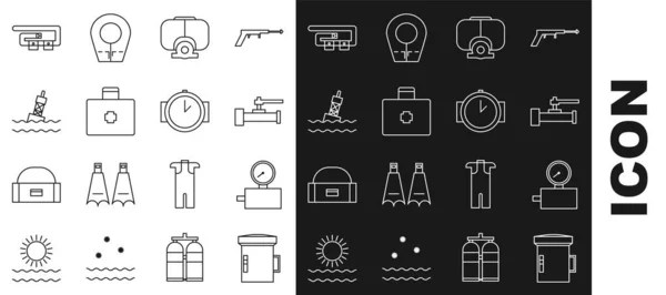 Set line Big flashlight for diver, Gauge scale, Industry metallic pipes and valve, Diving mask, First aid kit, Floating buoy on the sea, belt and watch icon. Vector — Image vectorielle