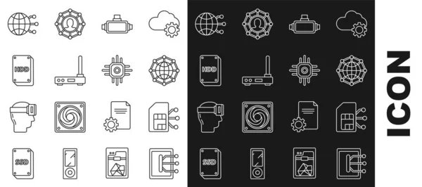 Satır Tableti, Sim kartı, küresel teknoloji veya sosyal ağ, sanal gerçeklik gözlükleri, Router ve wi-fi sinyali, sabit disk sürücüsü HDD ve işlemci simgesi. Vektör — Stok Vektör