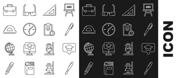 Set line Paint brush, Graduation cap speech bubble, Pen, Triangular ruler, Clock, Protractor grid for measuring degrees, Briefcase and Exam sheet with clock icon. Vector — Image vectorielle
