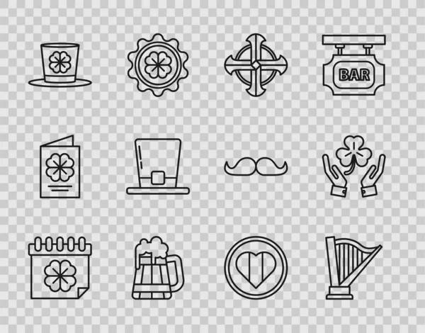 Set line Saint Patricks day with calendar, Harp, Celtic cross, Wooden beer mug, Leprechaun hat and four leaf clover, Heart Happy and Human hands holding icon. Vector — Stockvector