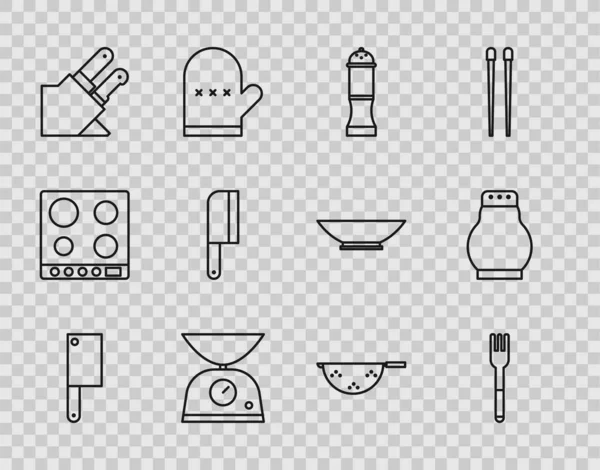 Set line Meat chopper, Fork, Pepper, Scales, Knife, Kitchen colander and Salt pepper icon. Vector — стоковий вектор