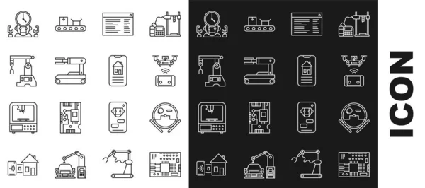 Set line Printed circuit board PCB, Robot vacuum cleaner, Remote aerial drone, Software, web developer programming code, Assembly line, and digital time manager and Smart home icon. Vector — Vettoriale Stock