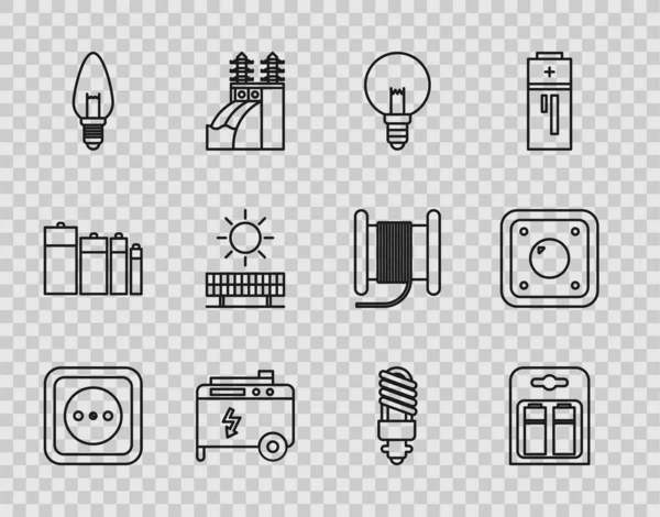 Set line Stopcontact, Batterij in pack, Lamp, Draagbare stroomaggregaat, Zonne-energie paneel en zon, LED-licht en schakelaar pictogram. Vector — Stockvector