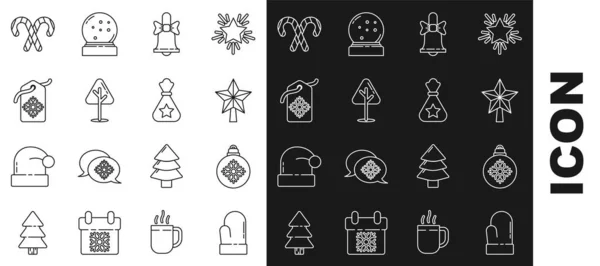 Çizgi çizgisi, Noel eldiveni, top, yıldız, mutlu zil, ağaç, yazıtlı fiyat etiketi, şeker kamışı şeritleri ve Noel Baba çanta hediye ikonu. Vektör — Stok Vektör