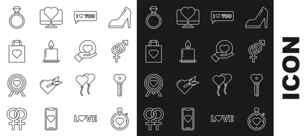Set line Heart in the center stopwatch, Key heart shape, Gender, Speech bubble with I love you, Burning candle, Shopping bag, Wedding rings and on hand icon. Vector — стоковый вектор