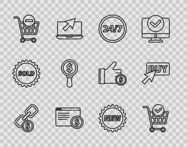 Set line Chain link and coin, Shopping cart with check mark, Clock 24 hours, Online shopping on screen, Remove, Magnifying glass dollar, Price tag New and Buy button icon. Vector — Stockvektor