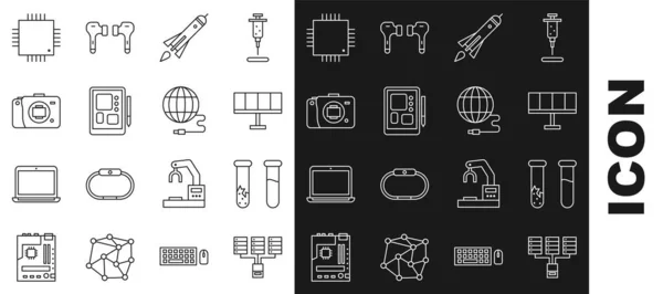 Set line Server, Data, Web Hosting, Test tube and flask, Solar energy panel, Rocket ship with fire, Graphic tablet, Mirrorless camera, Processor microcircuits CPU and Social network icon. Vector — Vector de stock