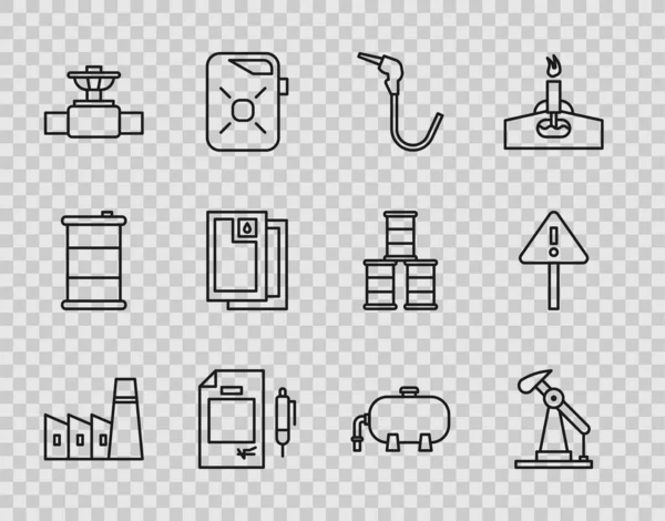 Set line Oil industrial factory building, pump pump jack, Gasoline nozzle, Contract money and pen, Industry pipe valve, Barrel oil, and Exclamation mark triangle icon. Vector — 스톡 벡터