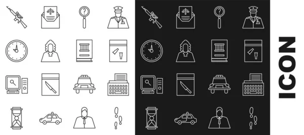 Set line Footsteps, Retro typewriter, Evidence bag and bullet, Magnifying glass with search, Judge, Clock, Sniper rifle scope and Law book icon. Vector —  Vetores de Stock