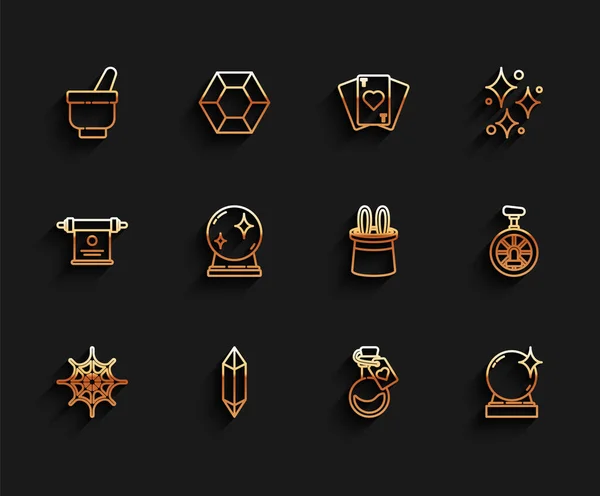 Set line Spider web, Magic stone, mortar and pestle, Bottle with love potion, ball, Unicycle wheel bicycle and Magician hat rabbit ears icon. Vector — Stockvektor