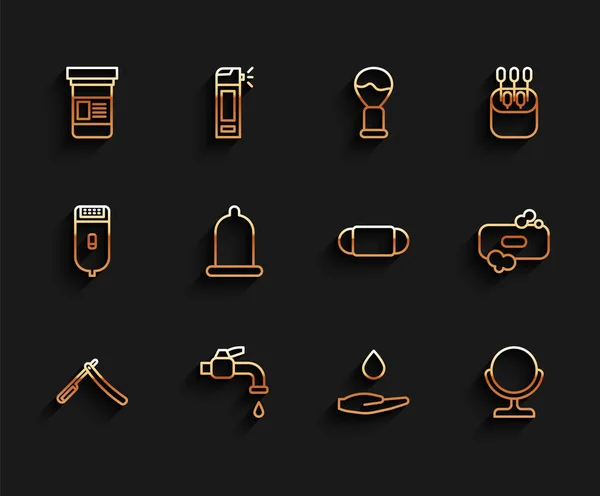 Set line Straight razor, Water tap, Medicine bottle, Washing hands with soap, Round makeup mirror, Condom, Bar of and Medical protective mask icon. Vector — Image vectorielle