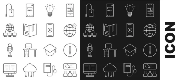 Set line Training, presentation, Information, Location the globe, Light bulb with concept of idea, Open book, Computer network, mouse and Online play video icon. Vector — 스톡 벡터