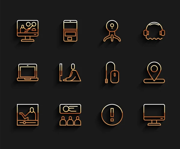 Set line Online education, Training, presentation, Information, Computer monitor screen, Student working laptop, Location and mouse icon. Vector — Vector de stock