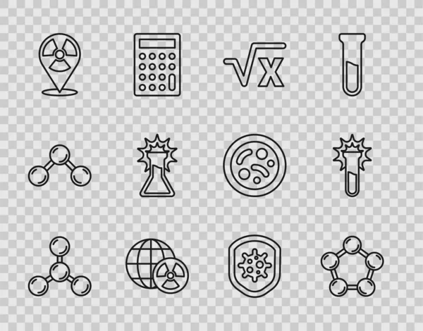Set line Molecule, Square root of x glyph, Planet earth and radiation, Radioactive in location, Test tube flask, Shield protecting from virus and icon. Vector — Stockvektor