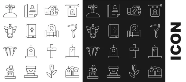 Set line Grave with tombstone, Burning candle, Scythe, Death certificate hand, Holy bible book, Christmas angel, cross and icon. Vector — Image vectorielle