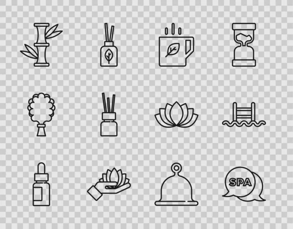 Set line Essential oil bottle, Spa salon, Cup of tea and leaf, Lotus flower, Bamboo, Aroma diffuser, Sauna hat and Swimming pool with ladder icon. Vector — Vetor de Stock