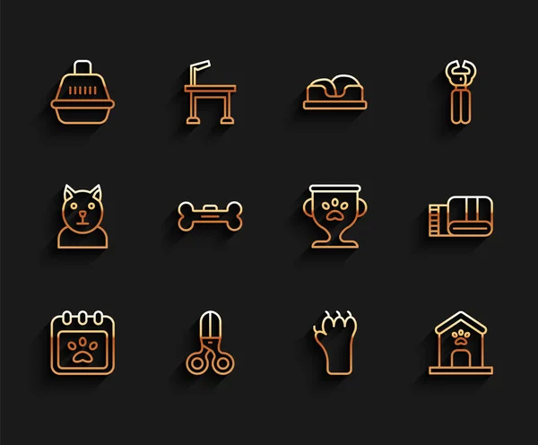Set line Calendar grooming, Scissors hairdresser, Pet carry case, Paw print, Dog house and paw, bone, Towel stack and award icon. Vector — Stockvektor