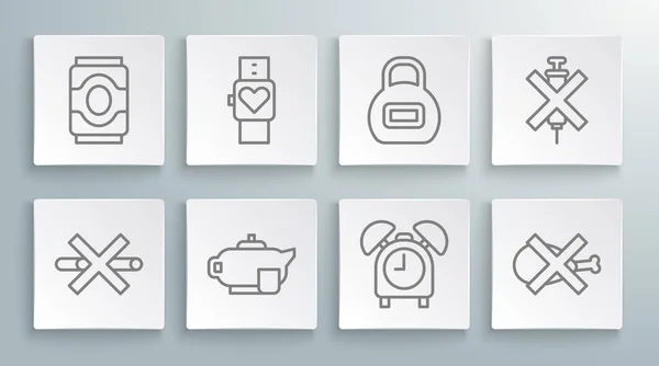 Set line No Smoking, Smart watch, Teapot with cup, Alarm clock, meat, Kettlebell, doping syringe and Soda can icon. Vector — Vetor de Stock