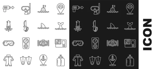 Set line Aqualung, Action camera, Whale tail in ocean wave, Floating buoy the sea, Knife, Octopus, Fishing harpoon and Shark fin icon. Vector — Stockvektor