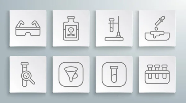 Set line Test tube and flask, Poison in bottle, Funnel or filter, fire, Petri dish with pipette and Safety goggle glasses icon. Vector — Vetor de Stock