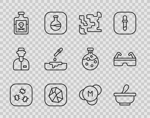 Set line Bacteria, Mortar and pestle, Gaseous, Salt stone, Poison in bottle, Petri dish with pipette, Molecule and Safety goggle glasses icon. Vector — 图库矢量图片