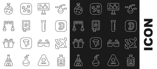 Set line Poison in bottle, Gaseous, Bacteria, Chemical formula, Certificate template, Test tube and flask, and icon. Vector — Stockvektor