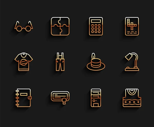 Set line Spiral notebook, Certificate template, Eyeglasses, Computer, Waistcoat, Pants with suspenders, Table lamp and Man hat icon. Vector — стоковый вектор