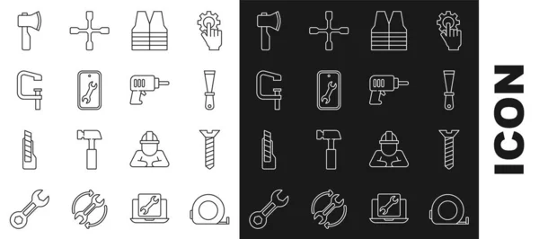 Set line Roulette construction, Metallic screw, Putty knife, Safety vest, Mobile service, Clamp and tool, Wooden axe and Electric drill machine icon. Vector — Stock vektor