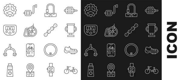Set line Bicycle, shoes, Award cup with bicycle, lock, parking, Gps device map, sprocket crank and chain icon. Vector — Wektor stockowy