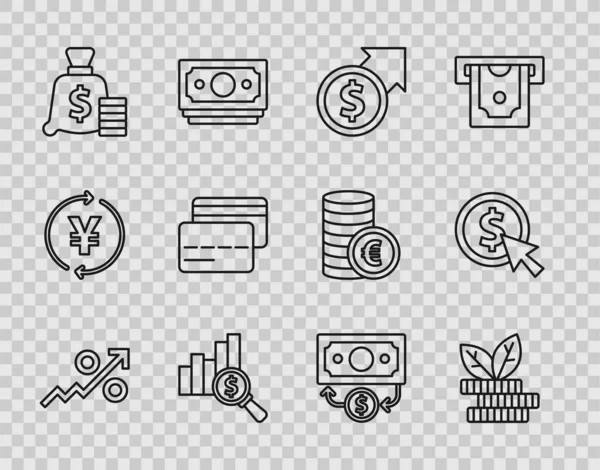 Set line Percent up arrow, Dollar plant, Financial growth and dollar, Pie chart, Money bag, Credit card, Stacks paper money cash and Coin with icon. Vector — Stockvektor