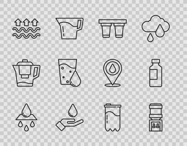 Set line Recycle clean aqua, Water cooler, filter, Washing hands with soap, Waves of water evaporation, Glass, cartridge and Bottle icon. Vector — 图库矢量图片