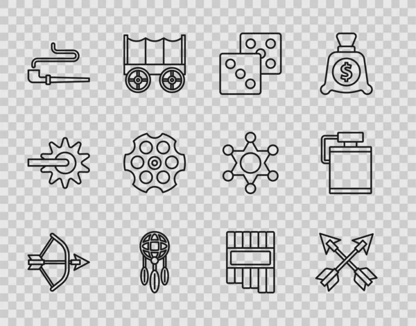 Set line Bow and arrow in quiver, Crossed arrows, Game dice, Dream catcher with feathers, Smoking pipe, Revolver cylinder, Pan flute and Canteen water bottle icon. Vector — Stock Vector