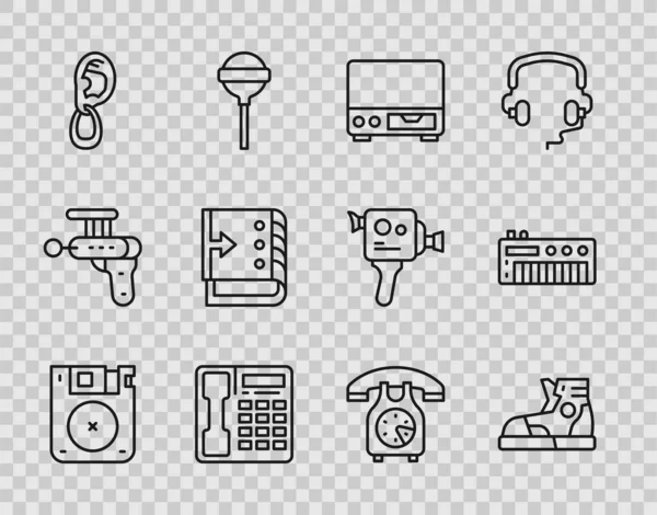 Set line Floppy disk, Sport sneakers, Old video cassette player, Telephone handset, Ear with earring, Sound mixer controller, and Music synthesizer icon. Vector — Stock Vector