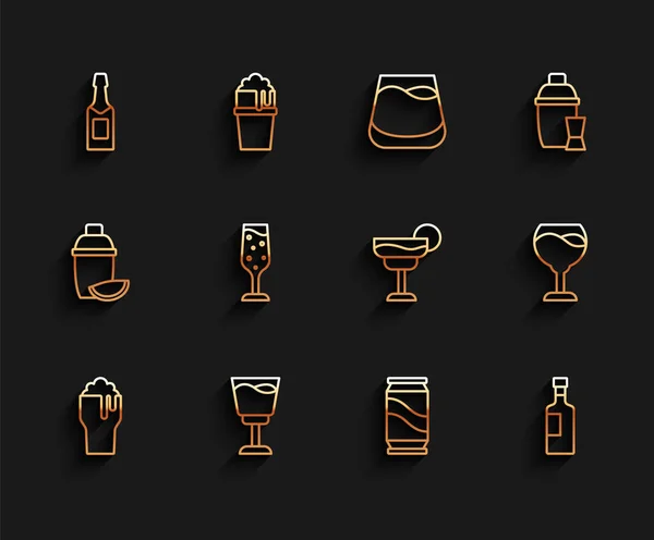 Set line Verre à bière, verre à vin, bouteille de champagne, boîte de bière, champagne et icône de cocktail. Vecteur — Image vectorielle